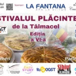 Afis Festivalul Plăcintelor la Tălmăcel cu detalii despre muzica, produsele locale si focul de tabară.